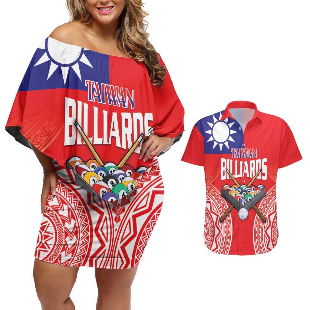 Personalised Taiwan Billiards Couples Matching Off Shoulder Short Dress and Hawaiian Shirt Eight-ball Pool Polynesia Tattoo - Polynesian Pride