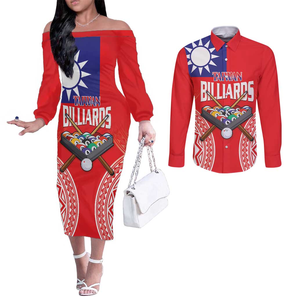 Personalised Taiwan Billiards Couples Matching Off The Shoulder Long Sleeve Dress and Long Sleeve Button Shirt Eight-ball Pool Polynesia Tattoo LT14 Red - Polynesian Pride