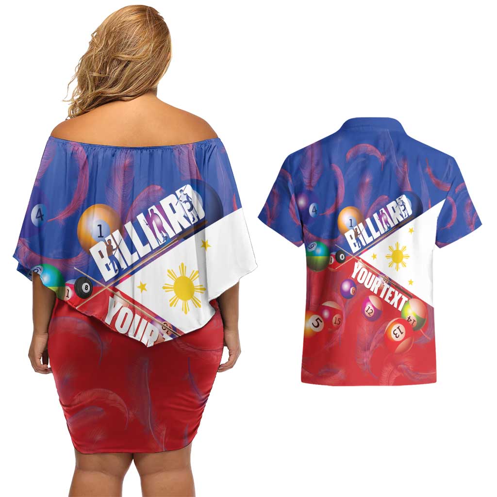 Personalised Philippines Billiards Couples Matching Off Shoulder Short Dress and Hawaiian Shirt Cue With Balls Flag Style - Polynesian Pride