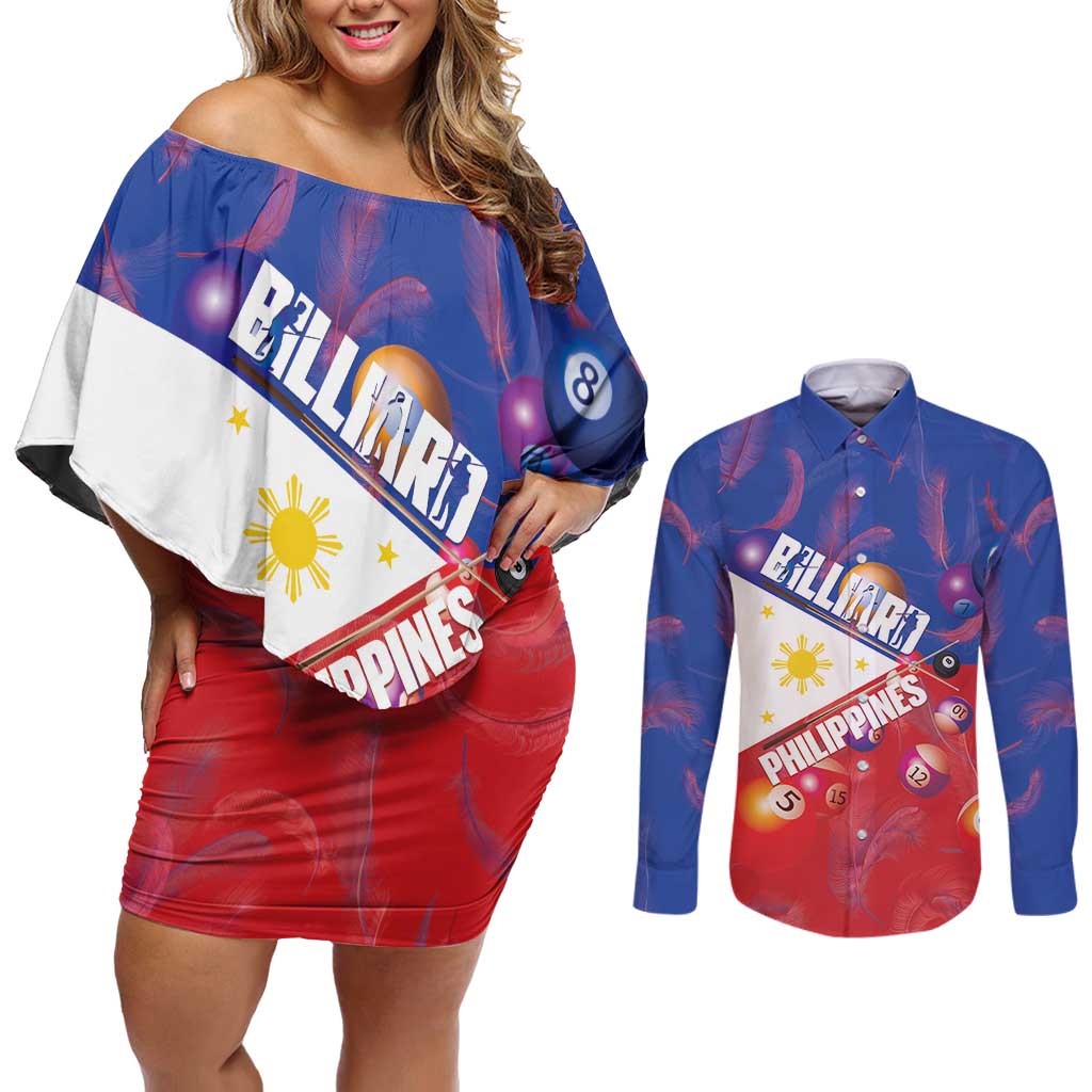 Personalised Philippines Billiards Couples Matching Off Shoulder Short Dress and Long Sleeve Button Shirt Cue With Balls Flag Style - Polynesian Pride