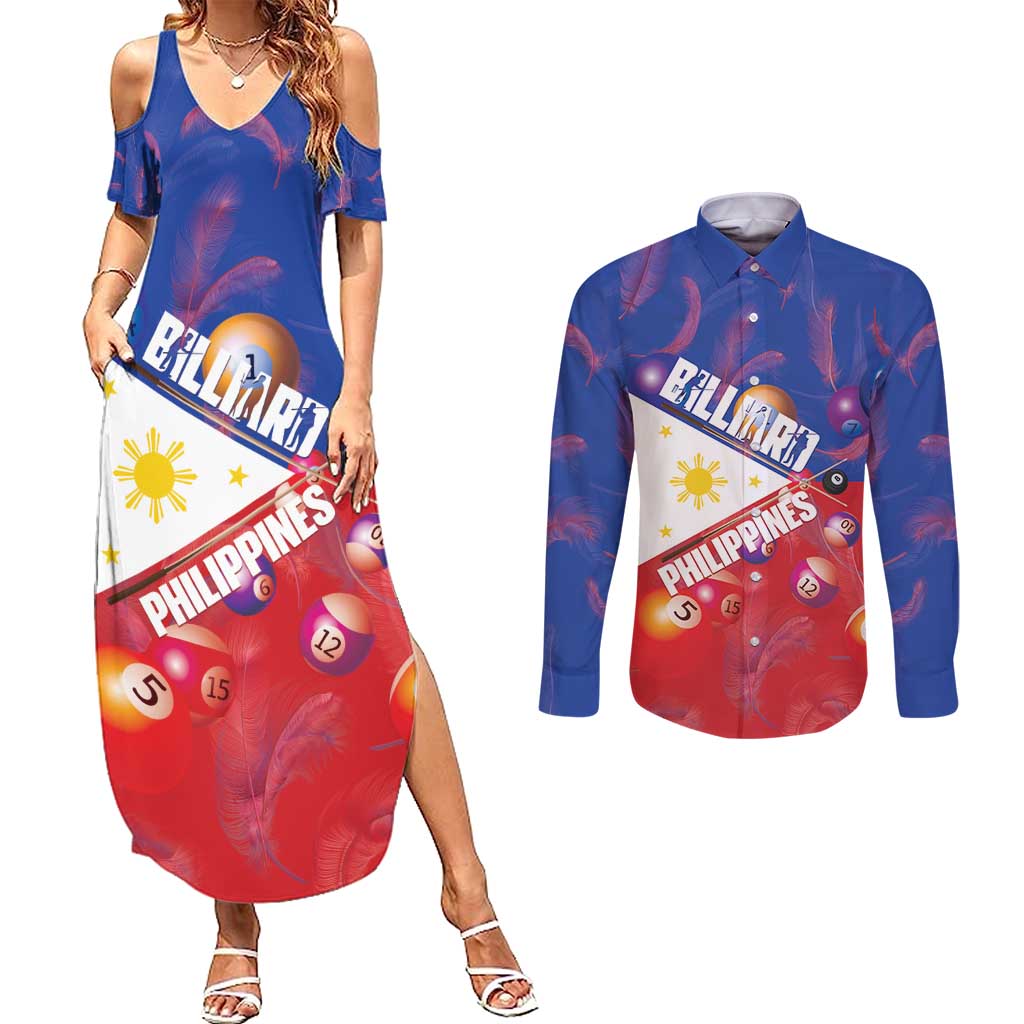 Personalised Philippines Billiards Couples Matching Summer Maxi Dress and Long Sleeve Button Shirt Cue With Balls Flag Style - Polynesian Pride
