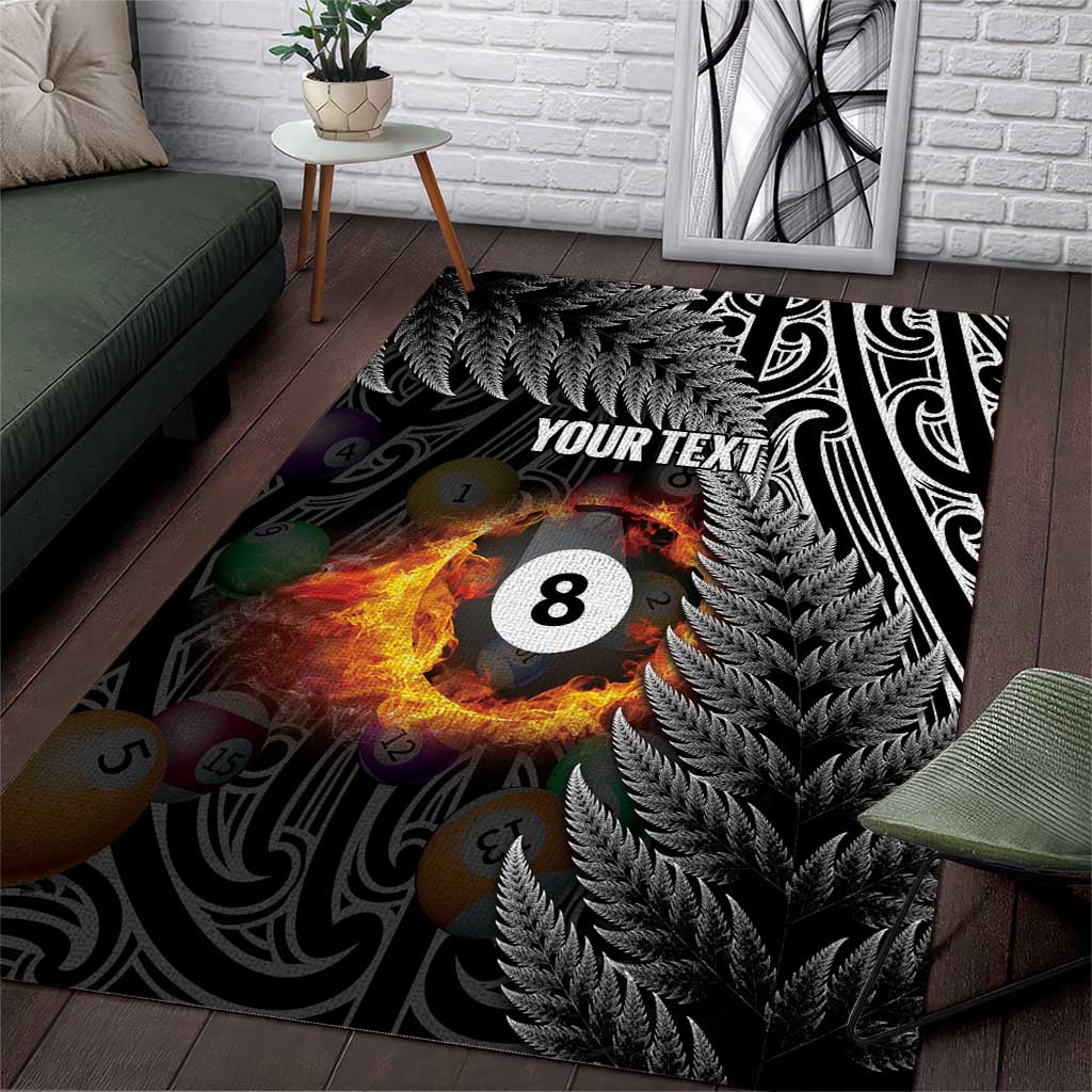Personalised New Zealand Billiards Area Rug Maori Fern On Fire 8 Ball LT14 Black - Polynesian Pride