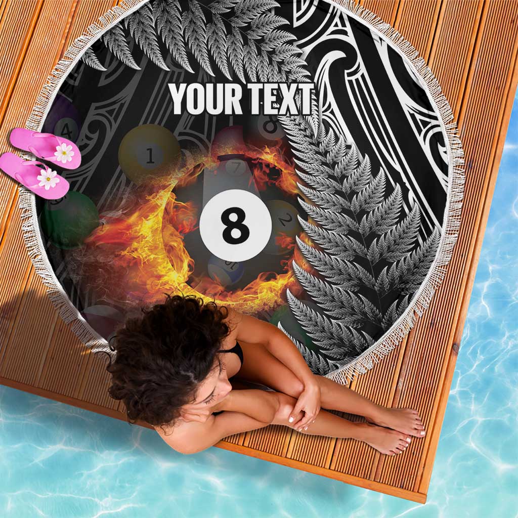 Personalised New Zealand Billiards Beach Blanket Maori Fern On Fire 8 Ball - Polynesian Pride