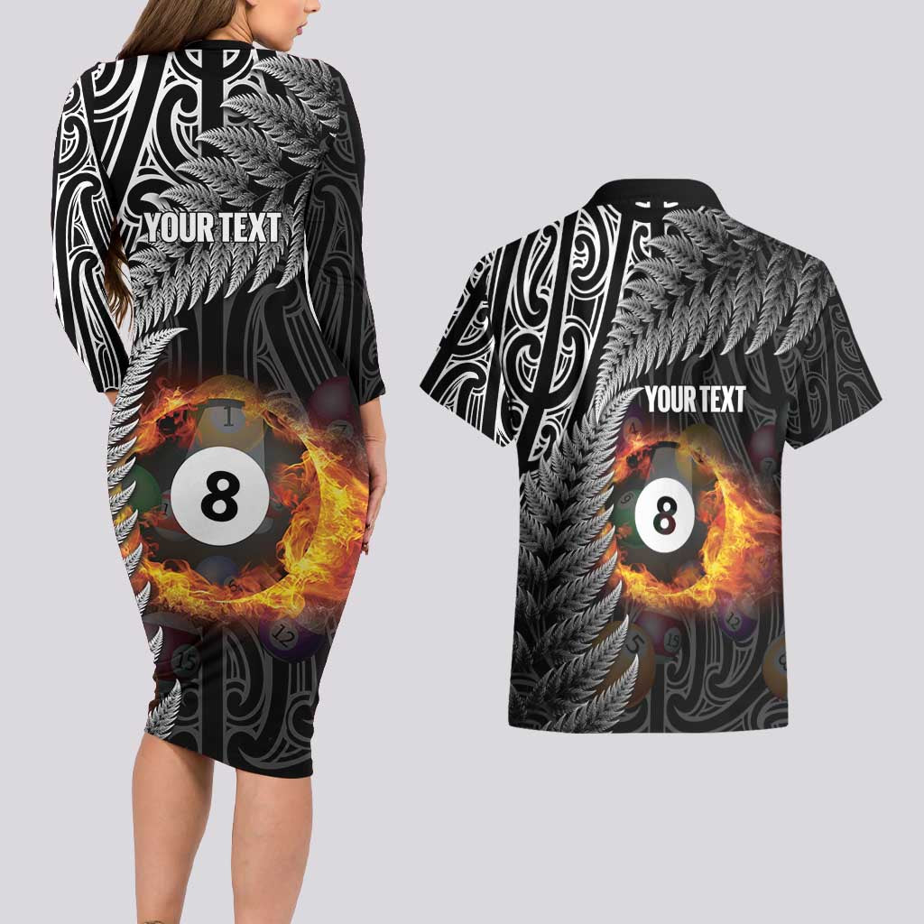 Personalised New Zealand Billiards Couples Matching Long Sleeve Bodycon Dress and Hawaiian Shirt Maori Fern On Fire 8 Ball LT14 - Polynesian Pride