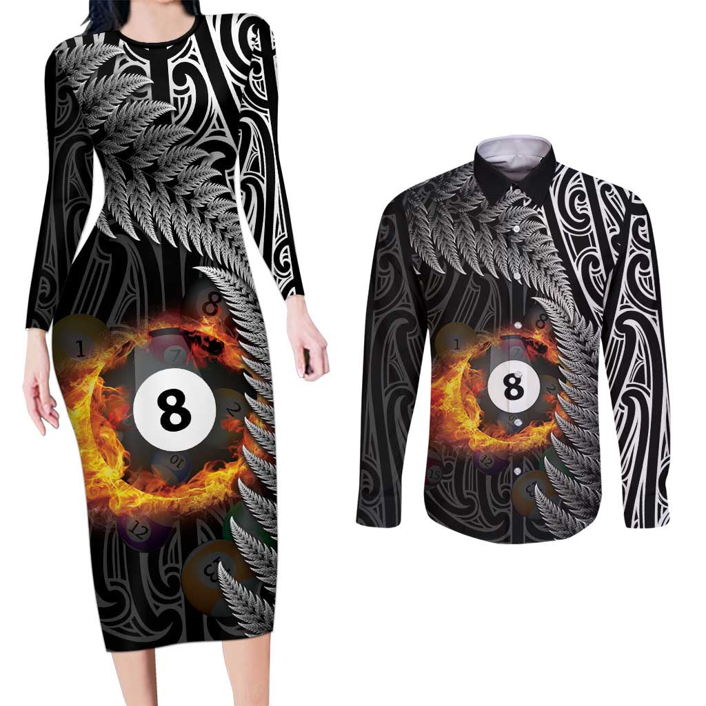 Personalised New Zealand Billiards Couples Matching Long Sleeve Bodycon Dress and Long Sleeve Button Shirt Maori Fern On Fire 8 Ball LT14 Black - Polynesian Pride