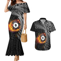 Personalised New Zealand Billiards Couples Matching Mermaid Dress and Hawaiian Shirt Maori Fern On Fire 8 Ball LT14 Black - Polynesian Pride