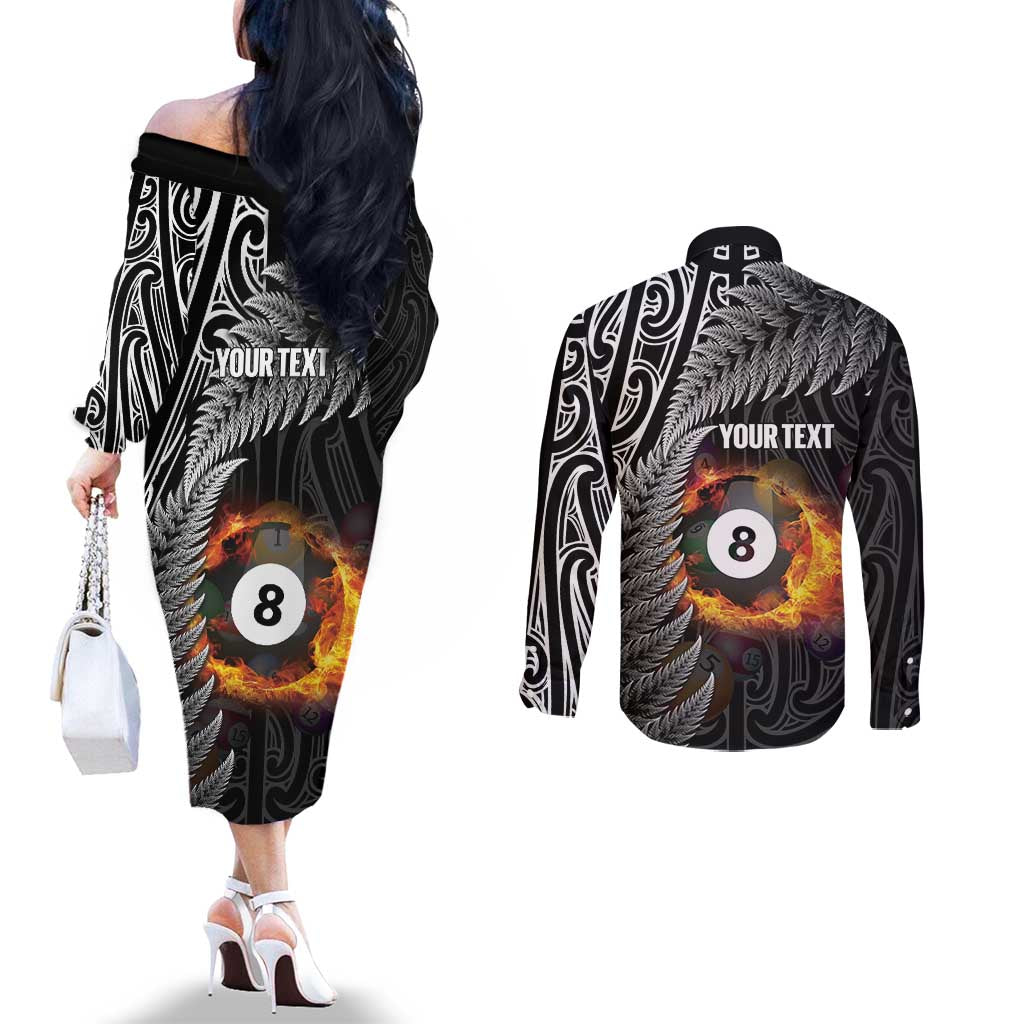 Personalised New Zealand Billiards Couples Matching Off The Shoulder Long Sleeve Dress and Long Sleeve Button Shirt Maori Fern On Fire 8 Ball - Polynesian Pride