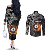 Personalised New Zealand Billiards Couples Matching Off The Shoulder Long Sleeve Dress and Long Sleeve Button Shirt Maori Fern On Fire 8 Ball - Polynesian Pride