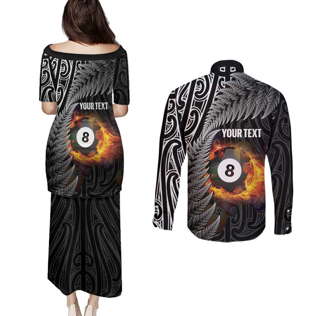 Personalised New Zealand Billiards Couples Matching Puletasi and Long Sleeve Button Shirt Maori Fern On Fire 8 Ball LT14 - Polynesian Pride