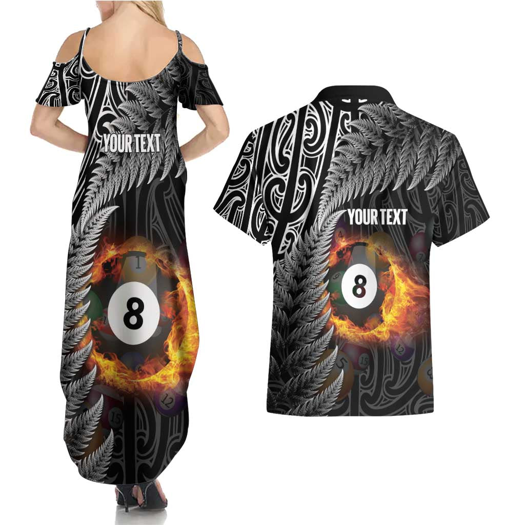Personalised New Zealand Billiards Couples Matching Summer Maxi Dress and Hawaiian Shirt Maori Fern On Fire 8 Ball LT14 - Polynesian Pride