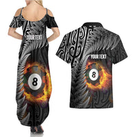 Personalised New Zealand Billiards Couples Matching Summer Maxi Dress and Hawaiian Shirt Maori Fern On Fire 8 Ball LT14 - Polynesian Pride