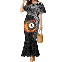 Personalised New Zealand Billiards Family Matching Mermaid Dress and Hawaiian Shirt Maori Fern On Fire 8 Ball LT14 Mom's Dress Black - Polynesian Pride