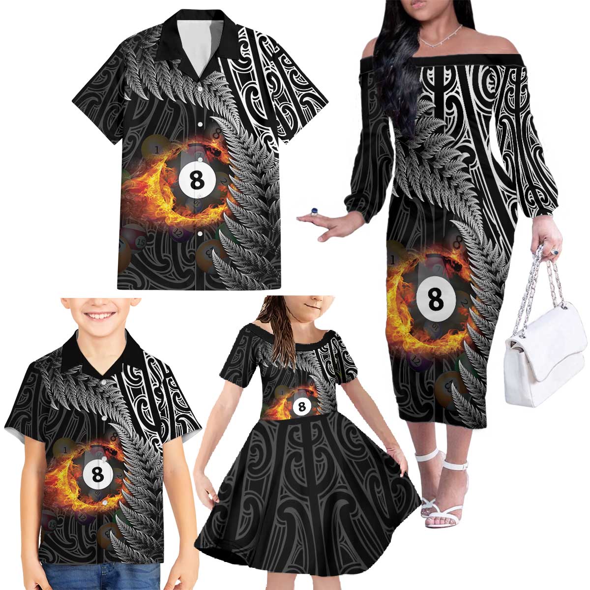 Personalised New Zealand Billiards Family Matching Off The Shoulder Long Sleeve Dress and Hawaiian Shirt Maori Fern On Fire 8 Ball - Polynesian Pride