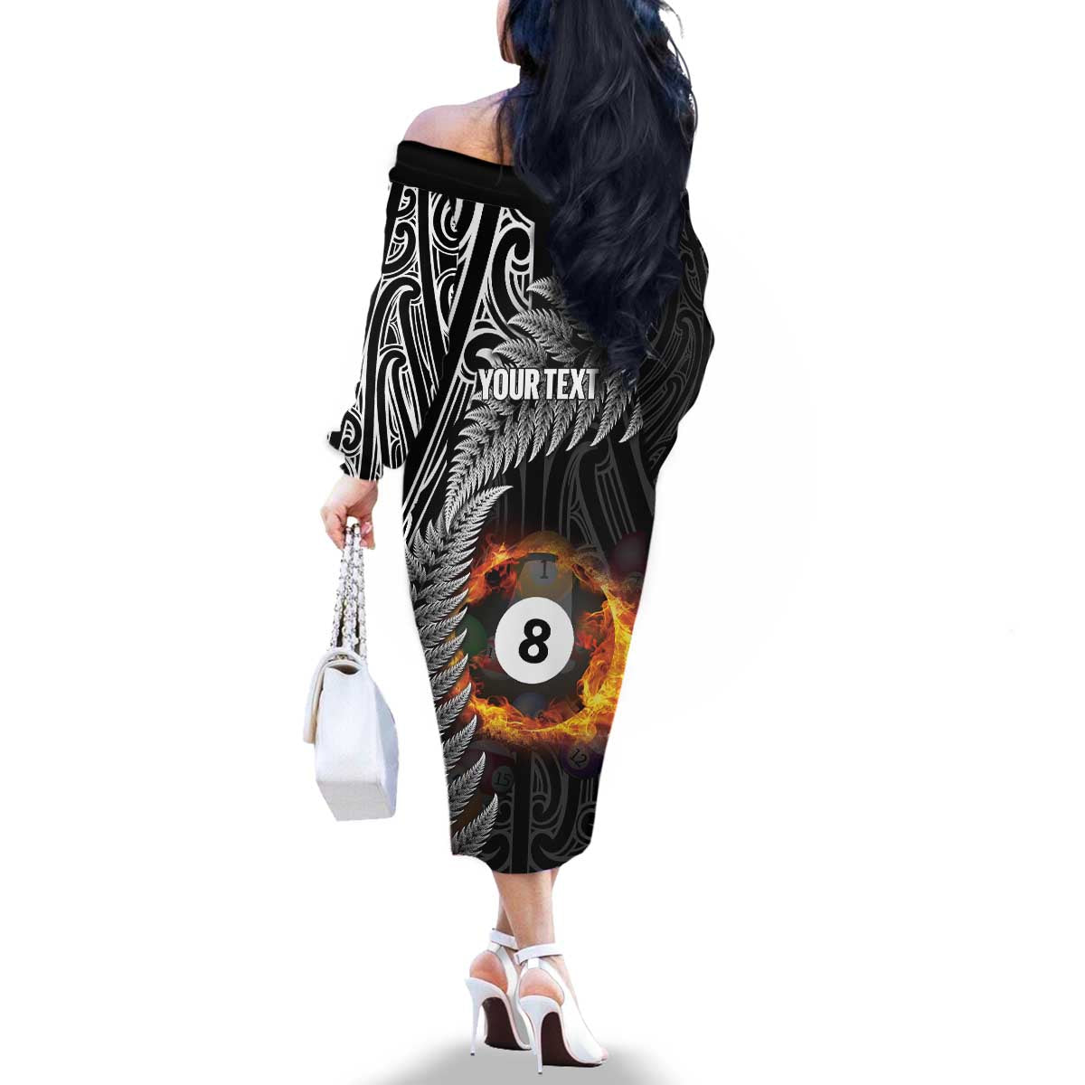 Personalised New Zealand Billiards Family Matching Off The Shoulder Long Sleeve Dress and Hawaiian Shirt Maori Fern On Fire 8 Ball - Polynesian Pride