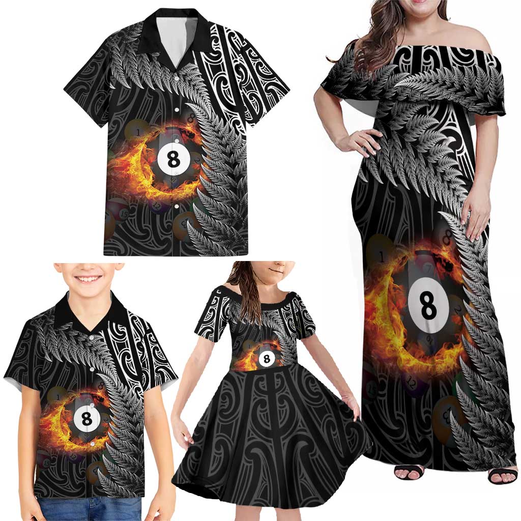 Personalised New Zealand Billiards Family Matching Off Shoulder Maxi Dress and Hawaiian Shirt Maori Fern On Fire 8 Ball - Polynesian Pride