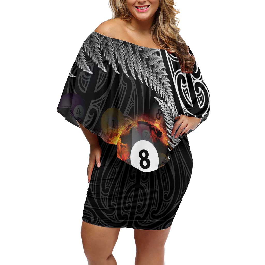 Personalised New Zealand Billiards Family Matching Off Shoulder Short Dress and Hawaiian Shirt Maori Fern On Fire 8 Ball LT14 Mom's Dress Black - Polynesian Pride