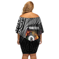 Personalised New Zealand Billiards Family Matching Off Shoulder Short Dress and Hawaiian Shirt Maori Fern On Fire 8 Ball LT14 - Polynesian Pride