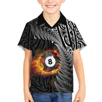 Personalised New Zealand Billiards Family Matching Off Shoulder Short Dress and Hawaiian Shirt Maori Fern On Fire 8 Ball LT14 Son's Shirt Black - Polynesian Pride