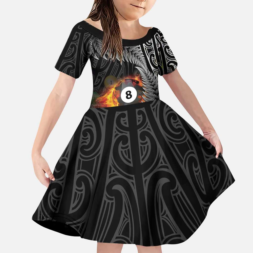 Personalised New Zealand Billiards Family Matching Puletasi and Hawaiian Shirt Maori Fern On Fire 8 Ball LT14 Daughter's Dress Black - Polynesian Pride