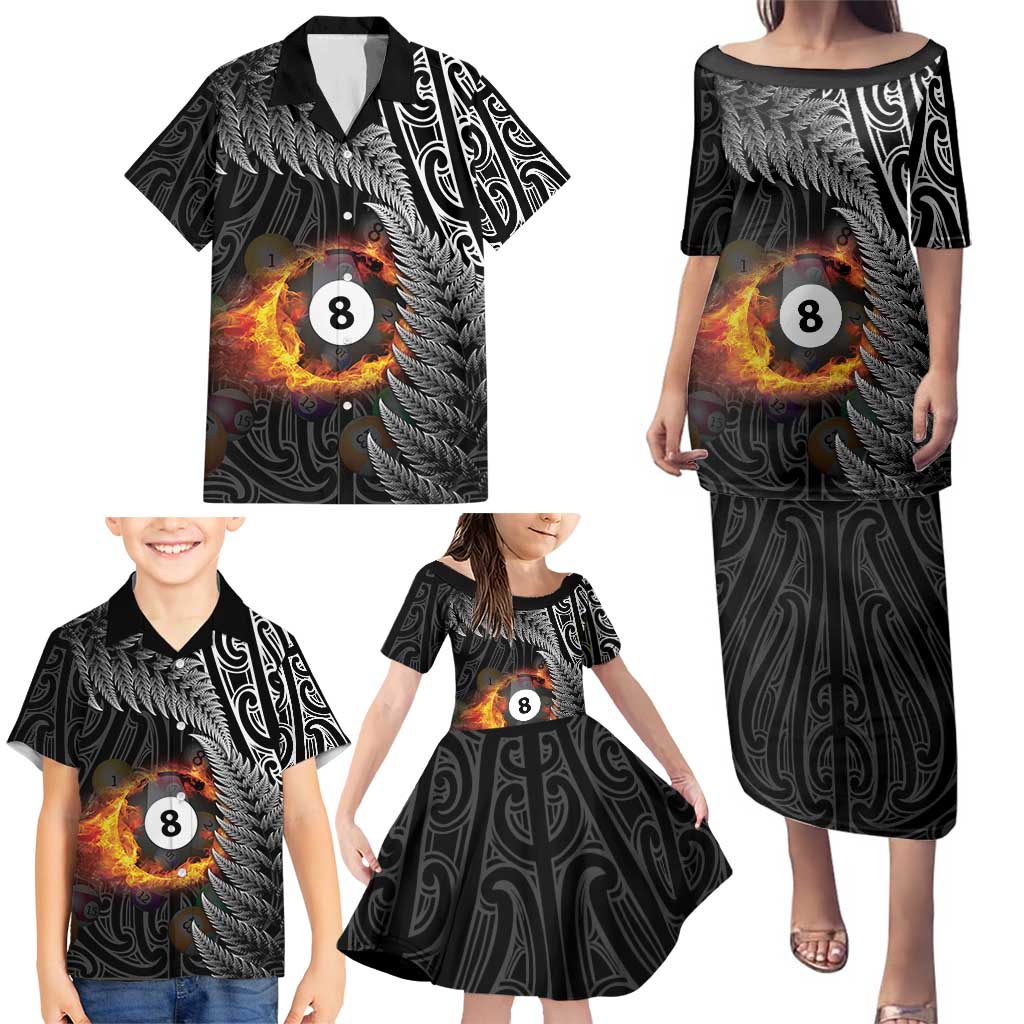 Personalised New Zealand Billiards Family Matching Puletasi and Hawaiian Shirt Maori Fern On Fire 8 Ball LT14 - Polynesian Pride