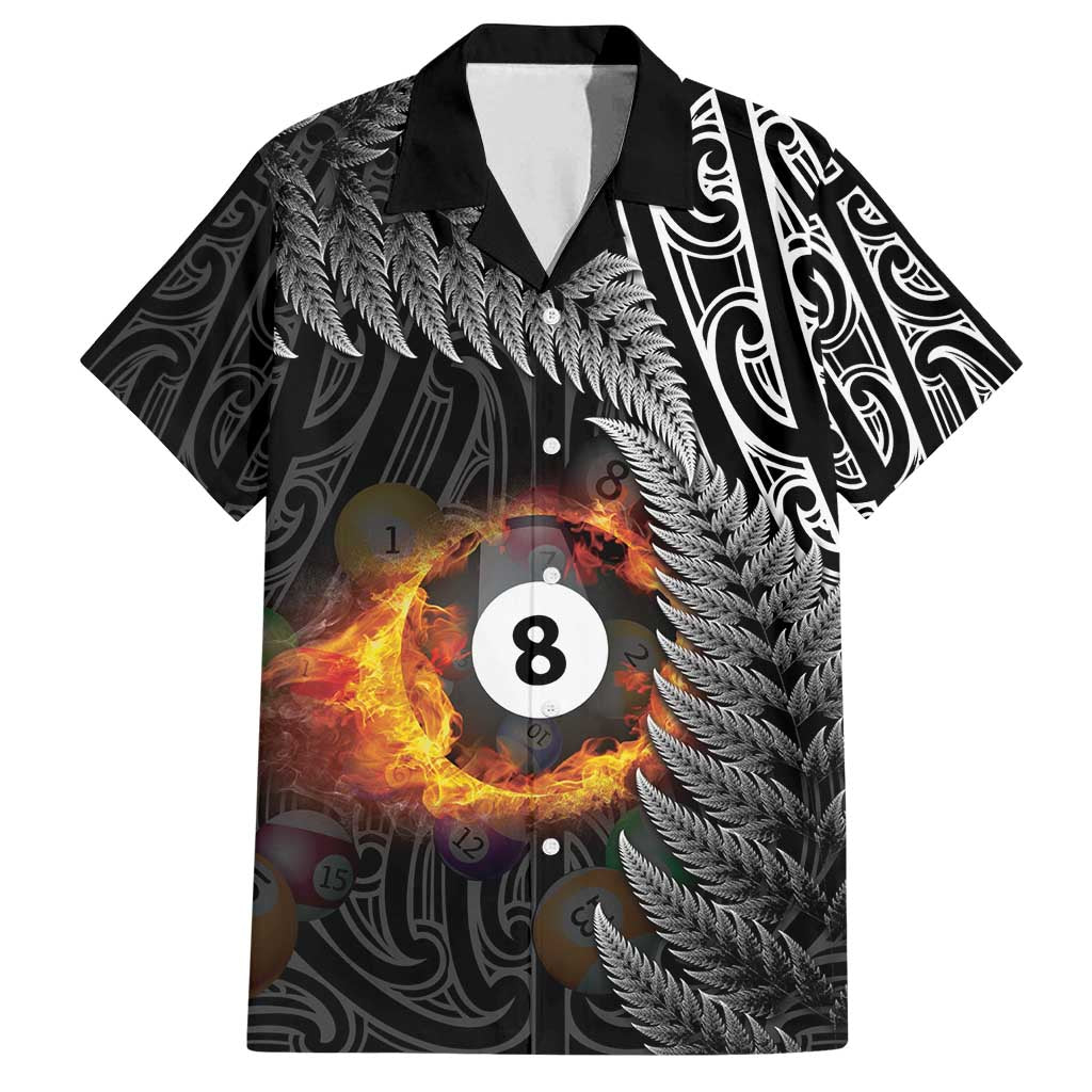 Personalised New Zealand Billiards Family Matching Puletasi and Hawaiian Shirt Maori Fern On Fire 8 Ball LT14 Dad's Shirt - Short Sleeve Black - Polynesian Pride