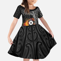 Personalised New Zealand Billiards Family Matching Short Sleeve Bodycon Dress and Hawaiian Shirt Maori Fern On Fire 8 Ball LT14 Daughter's Dress Black - Polynesian Pride