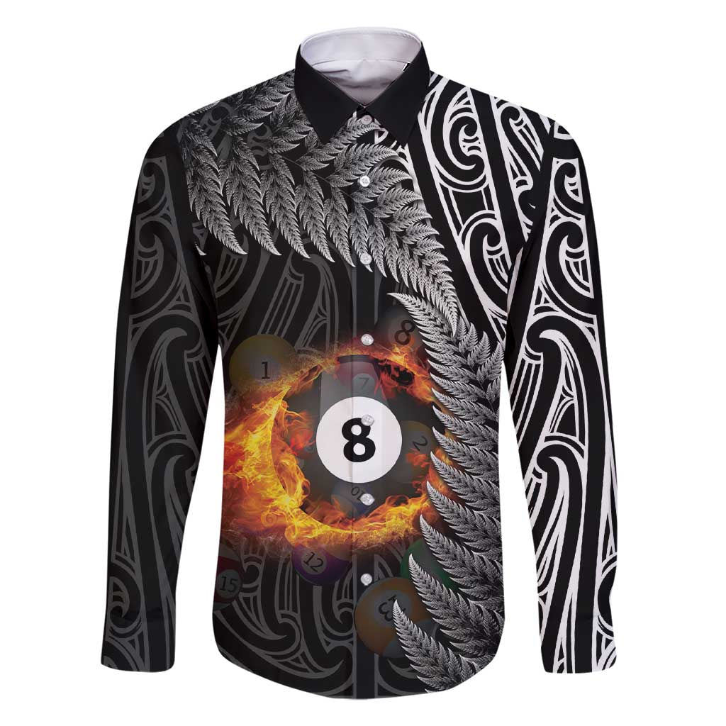 Personalised New Zealand Billiards Family Matching Short Sleeve Bodycon Dress and Hawaiian Shirt Maori Fern On Fire 8 Ball LT14 Dad's Shirt - Long Sleeve Black - Polynesian Pride