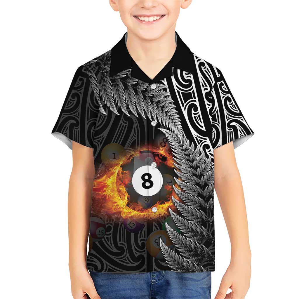 Personalised New Zealand Billiards Family Matching Short Sleeve Bodycon Dress and Hawaiian Shirt Maori Fern On Fire 8 Ball LT14 Son's Shirt Black - Polynesian Pride