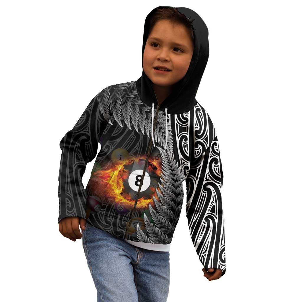 Personalised New Zealand Billiards Kid Hoodie Maori Fern On Fire 8 Ball - Polynesian Pride