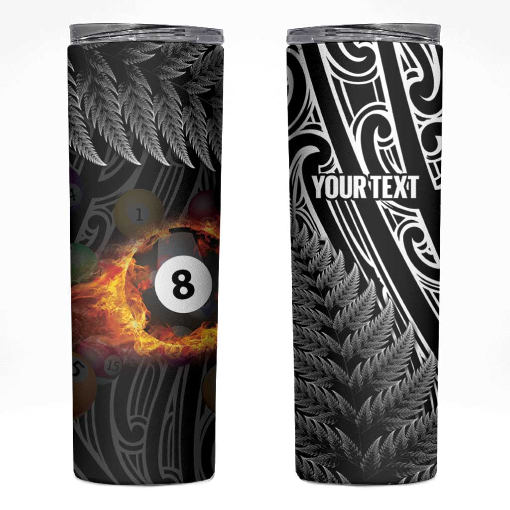 Personalised New Zealand Billiards Skinny Tumbler Maori Fern On Fire 8 Ball LT14 Black - Polynesian Pride