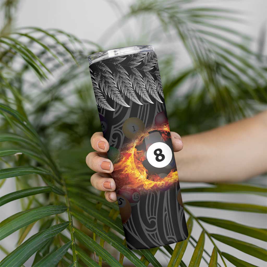 Personalised New Zealand Billiards Skinny Tumbler Maori Fern On Fire 8 Ball LT14 - Polynesian Pride