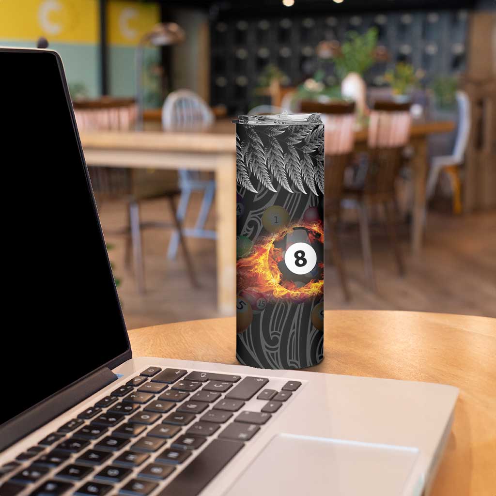 Personalised New Zealand Billiards Skinny Tumbler Maori Fern On Fire 8 Ball LT14 - Polynesian Pride