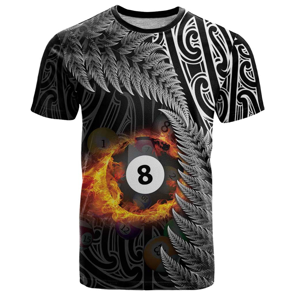 Personalised New Zealand Billiards T Shirt Maori Fern On Fire 8 Ball LT14 Black - Polynesian Pride