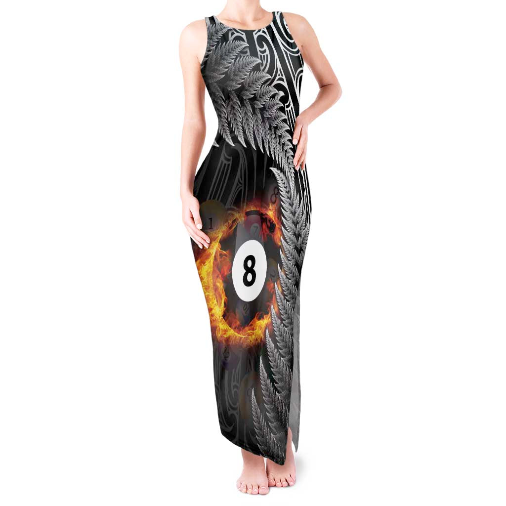 Personalised New Zealand Billiards Tank Maxi Dress Maori Fern On Fire 8 Ball - Polynesian Pride