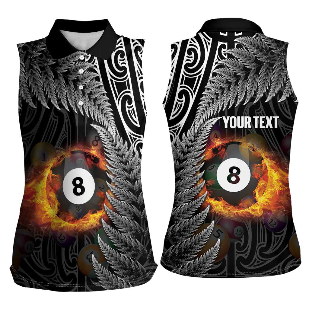 Personalised New Zealand Billiards Women Sleeveless Polo Shirt Maori Fern On Fire 8 Ball - Polynesian Pride