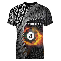 Personalised New Zealand Billiards Women V-Neck T-Shirt Maori Fern On Fire 8 Ball LT14 - Polynesian Pride