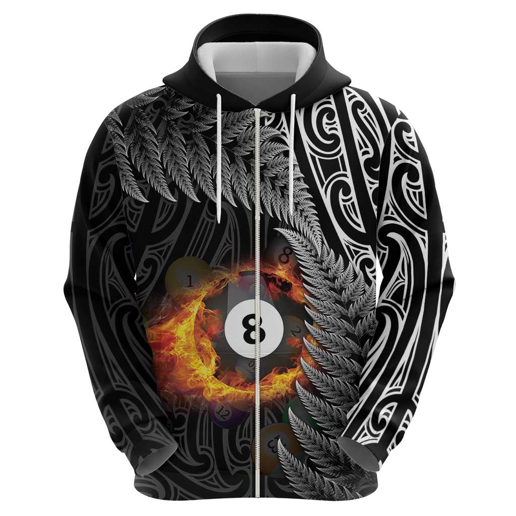 Personalised New Zealand Billiards Zip Hoodie Maori Fern On Fire 8 Ball - Polynesian Pride