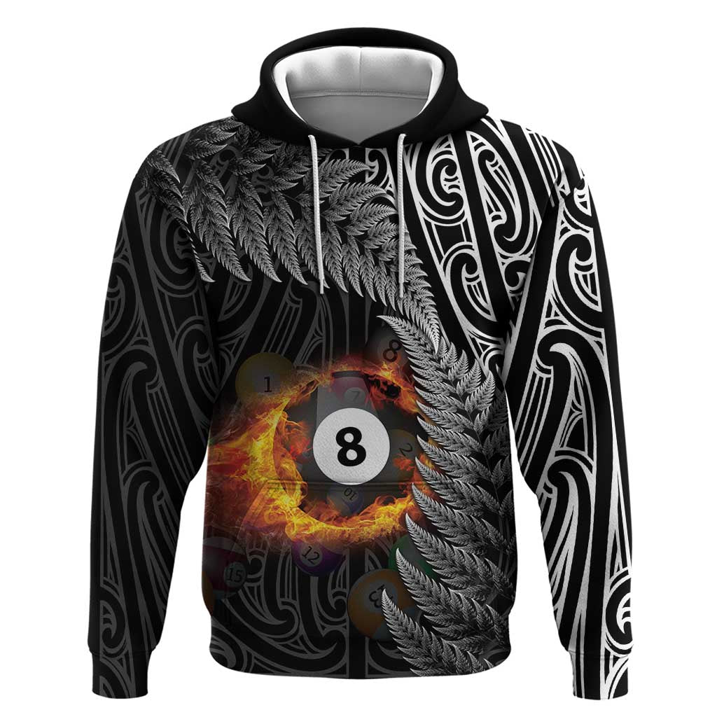 Personalised New Zealand Billiards Zip Hoodie Maori Fern On Fire 8 Ball - Polynesian Pride