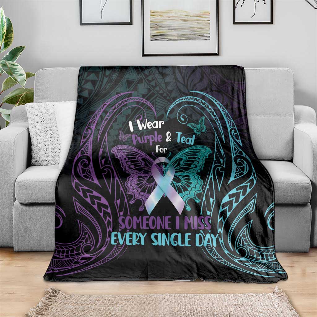Suicide Awareness Memorial Blanket I Wear Purple and Teal For Someone I Miss - Polynesian Pride
