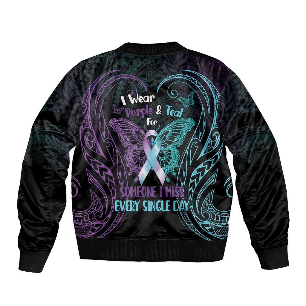 Suicide Awareness Memorial Bomber Jacket I Wear Purple and Teal For Someone I Miss - Polynesian Pride