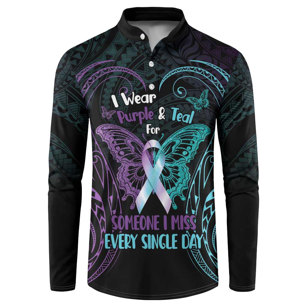Suicide Awareness Memorial Button Sweatshirt I Wear Purple and Teal For Someone I Miss - Polynesian Pride