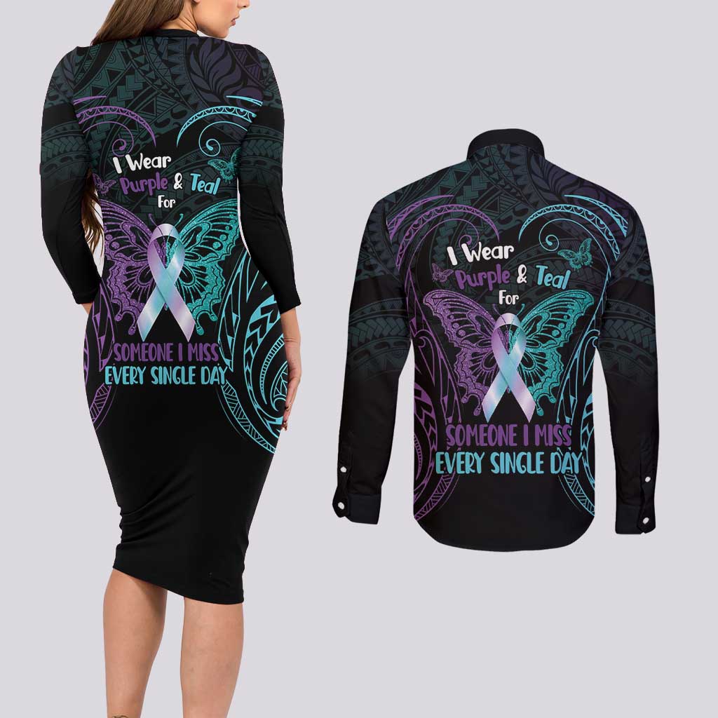 Suicide Awareness Memorial Couples Matching Long Sleeve Bodycon Dress and Long Sleeve Button Shirt I Wear Purple and Teal For Someone I Miss - Polynesian Pride