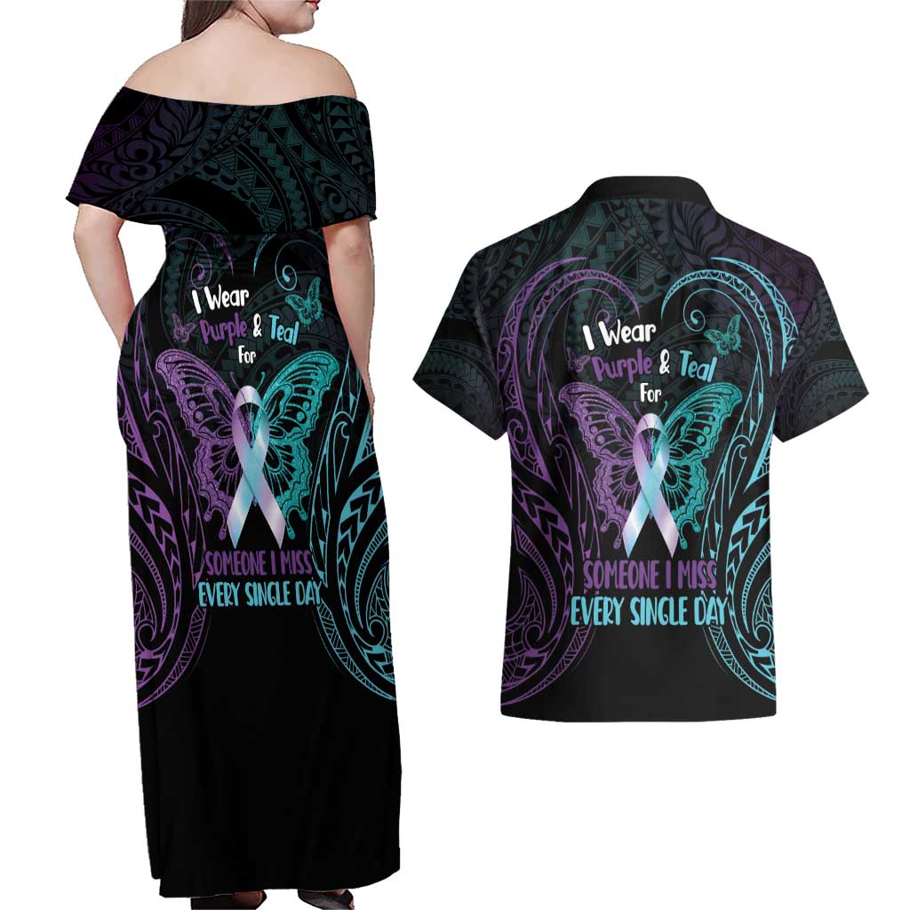 Suicide Awareness Memorial Couples Matching Off Shoulder Maxi Dress and Hawaiian Shirt I Wear Purple and Teal For Someone I Miss - Polynesian Pride