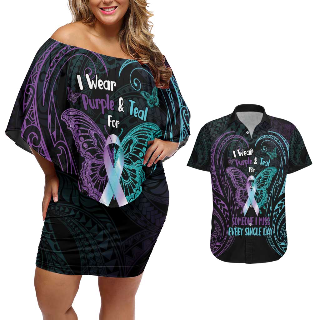 Suicide Awareness Memorial Couples Matching Off Shoulder Short Dress and Hawaiian Shirt I Wear Purple and Teal For Someone I Miss - Polynesian Pride