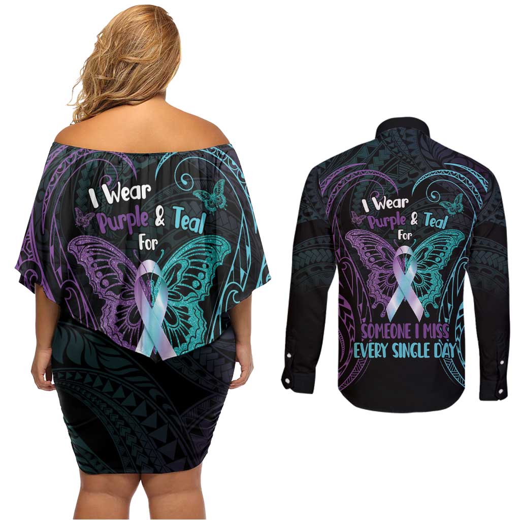 Suicide Awareness Memorial Couples Matching Off Shoulder Short Dress and Long Sleeve Button Shirt I Wear Purple and Teal For Someone I Miss - Polynesian Pride