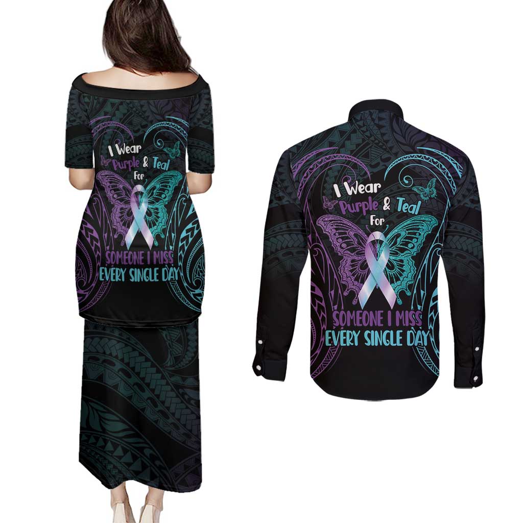 Suicide Awareness Memorial Couples Matching Puletasi and Long Sleeve Button Shirt I Wear Purple and Teal For Someone I Miss - Polynesian Pride