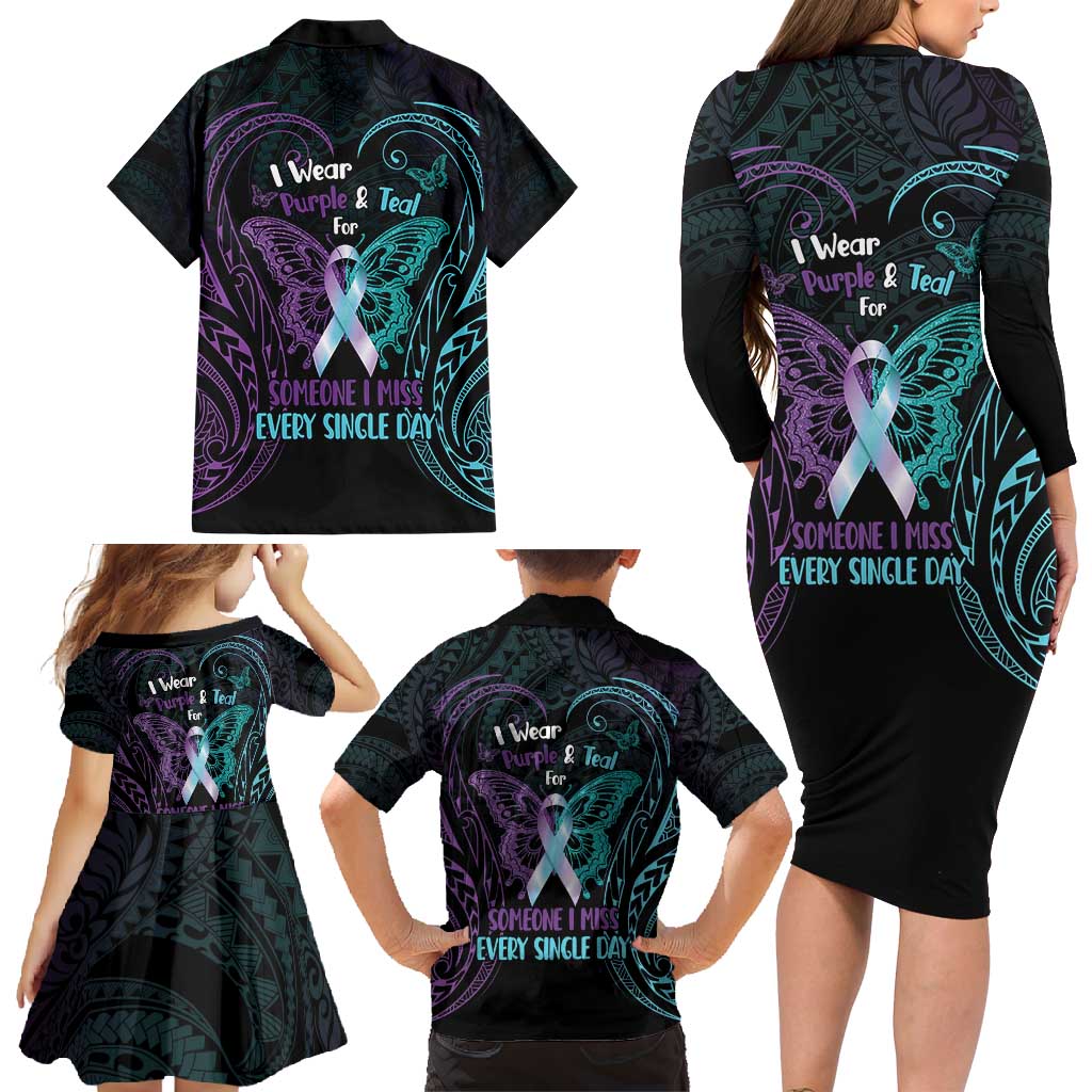 Suicide Awareness Memorial Family Matching Long Sleeve Bodycon Dress and Hawaiian Shirt I Wear Purple and Teal For Someone I Miss - Polynesian Pride