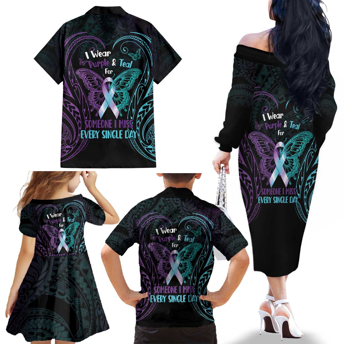 Suicide Awareness Memorial Family Matching Off The Shoulder Long Sleeve Dress and Hawaiian Shirt I Wear Purple and Teal For Someone I Miss - Polynesian Pride