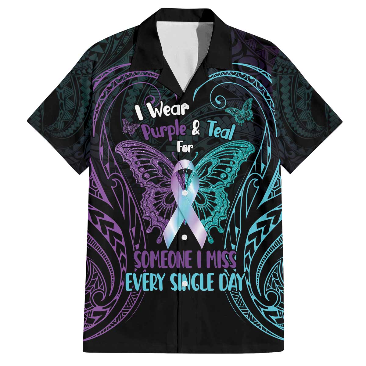 Suicide Awareness Memorial Family Matching Off The Shoulder Long Sleeve Dress and Hawaiian Shirt I Wear Purple and Teal For Someone I Miss - Polynesian Pride