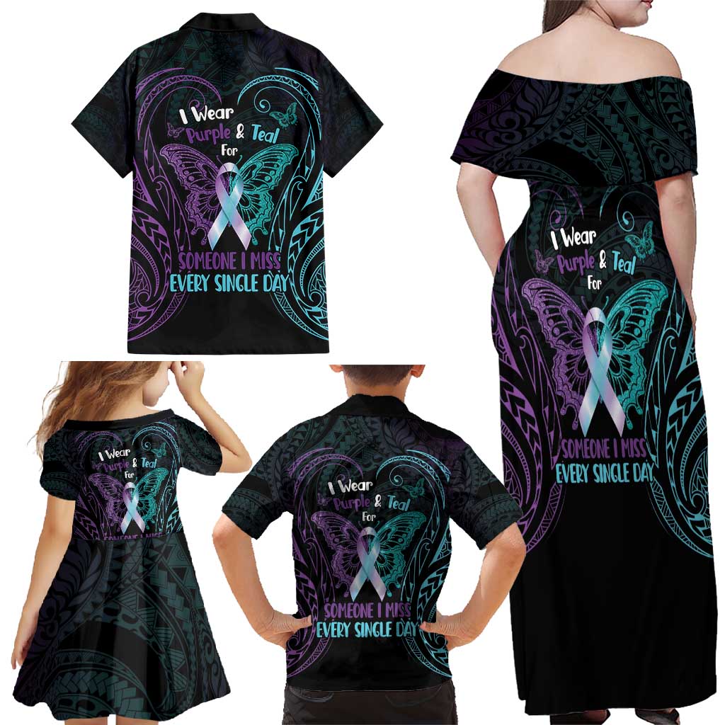 Suicide Awareness Memorial Family Matching Off Shoulder Maxi Dress and Hawaiian Shirt I Wear Purple and Teal For Someone I Miss - Polynesian Pride